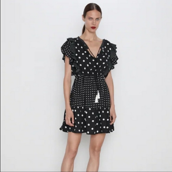 ZARA Contrasting polka-dot Ruffle mini Dress Black🎁 - Picture 3 of 5